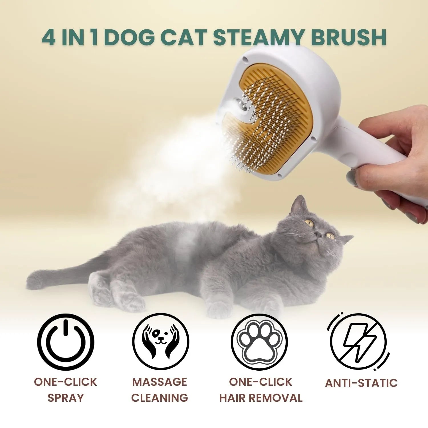 White pet steam grooming brush with gentle steel teeth and built-in water tank for dogs and cats
