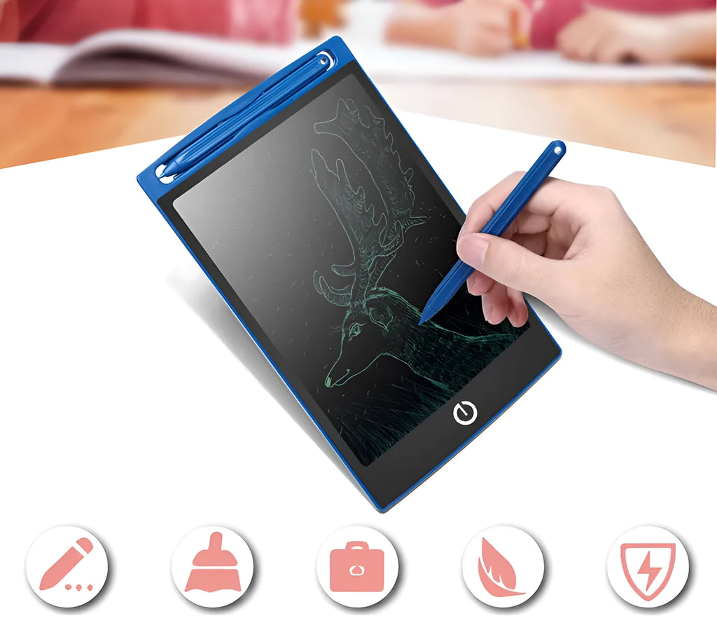 LCD drawing tablet with blue-green bold font display, ABS frame, erase button, and stylus