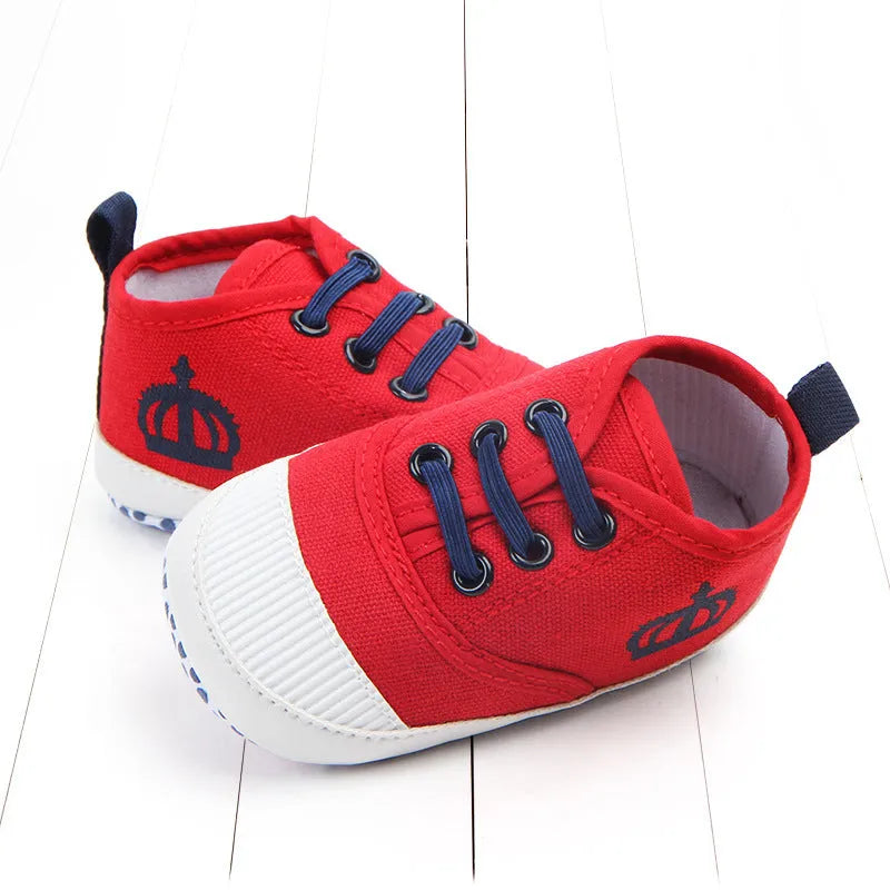 Cotton canvas baby shoes with elastic band in red and white colours
