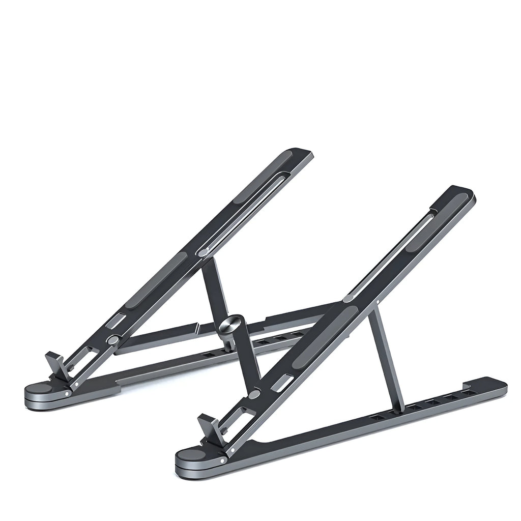 Aluminium foldable laptop stand in silver colour, shown open at an angle and folded flat.