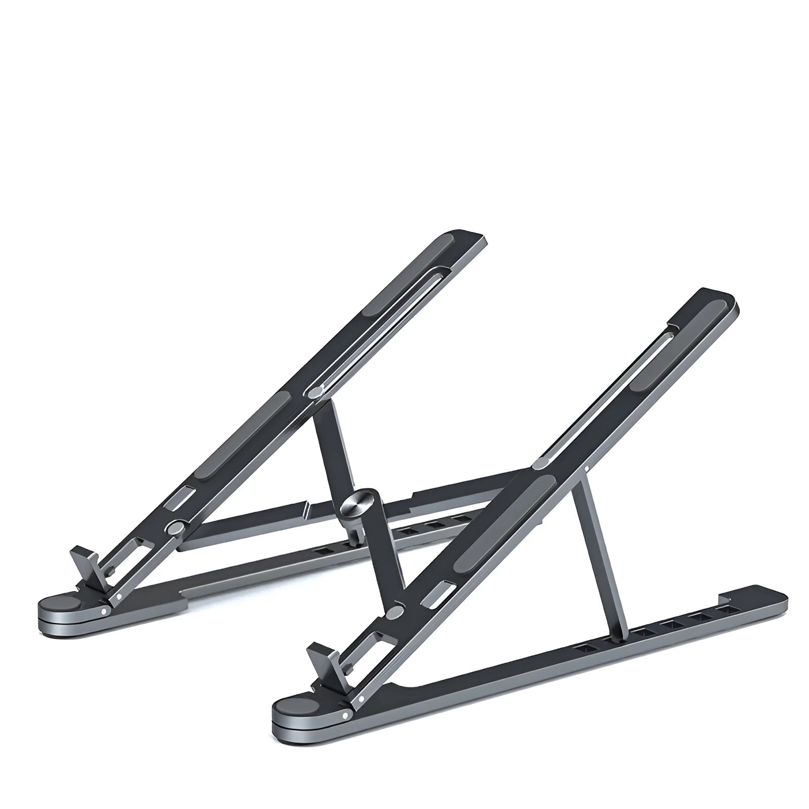 Aluminium foldable laptop stand in silver colour, shown open at an angle and folded flat.