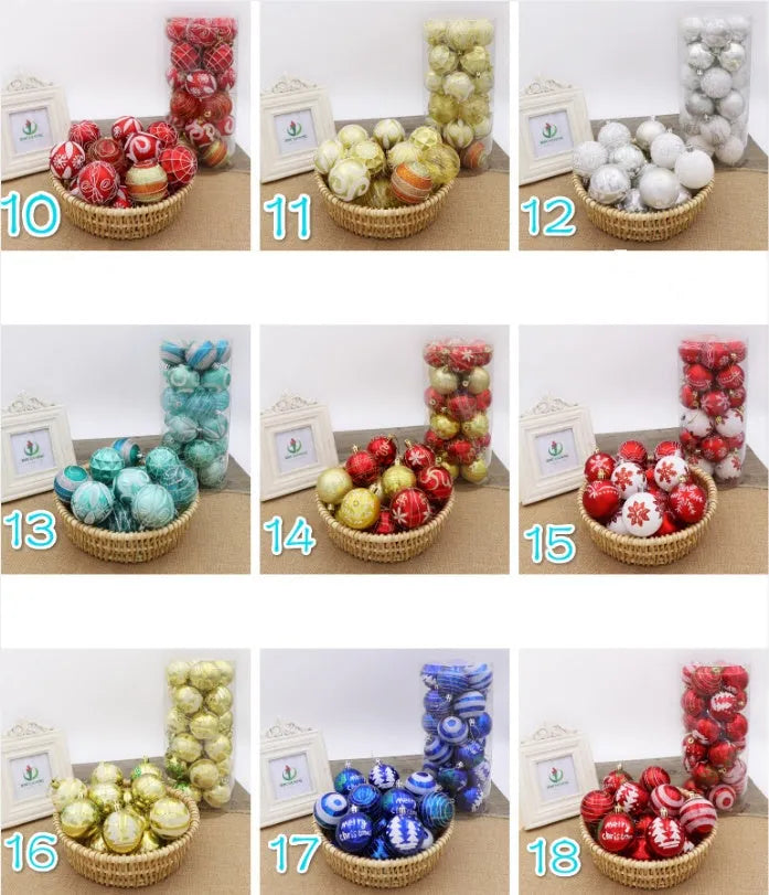 Set of 6cm round PVC Christmas baubles in various painted colours including red, gold, blue, and purple.