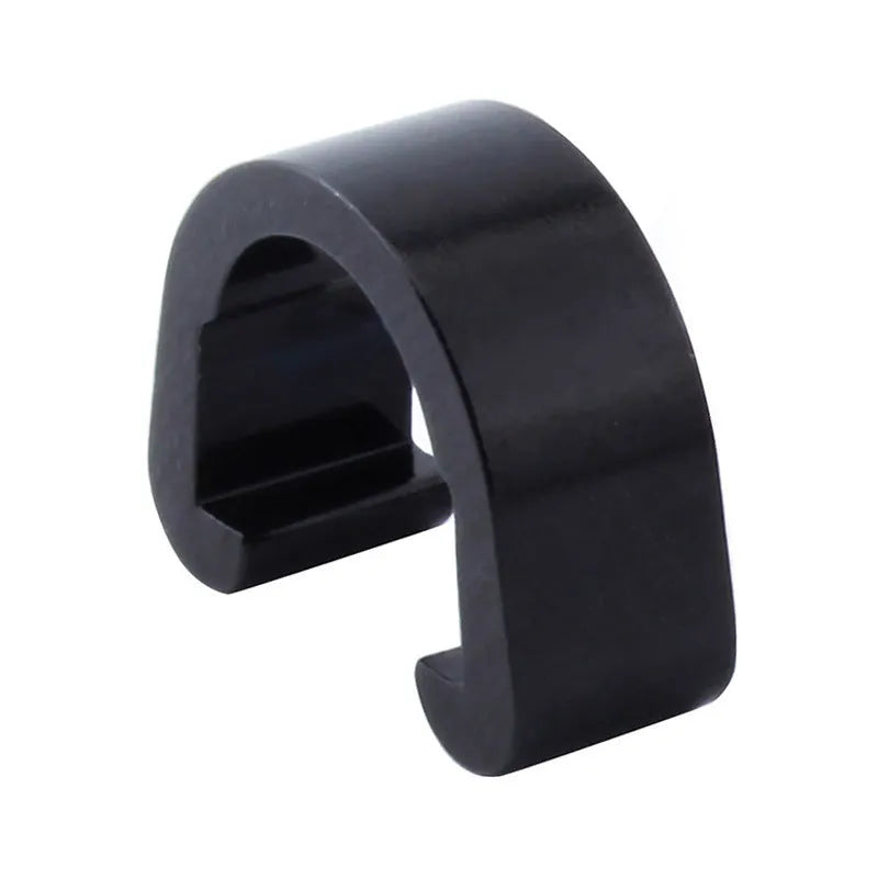 Ten small aluminium alloy C-shaped buckles in assorted colours on a white background.