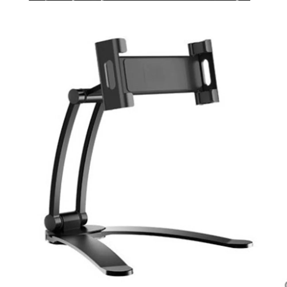 Silver aluminium desktop stand holding a tablet, showing 360-degree rotation and adjustable clamp mechanism.