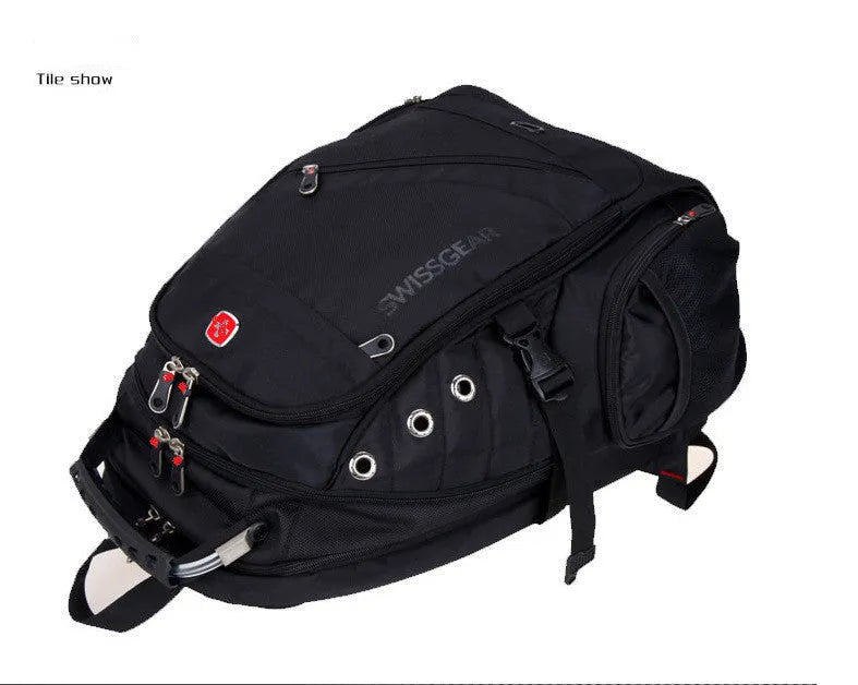 Black travel outdoor backpack with metal hardware and polyester construction, waterproof and breathable design