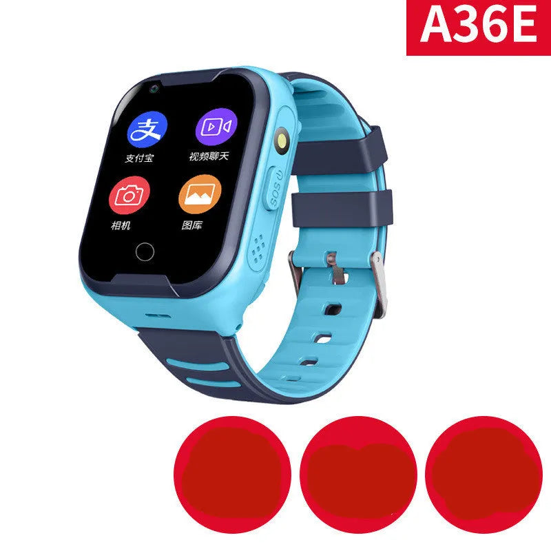 A child's blue silicone strap smartwatch with a touchscreen showing a video call interface.