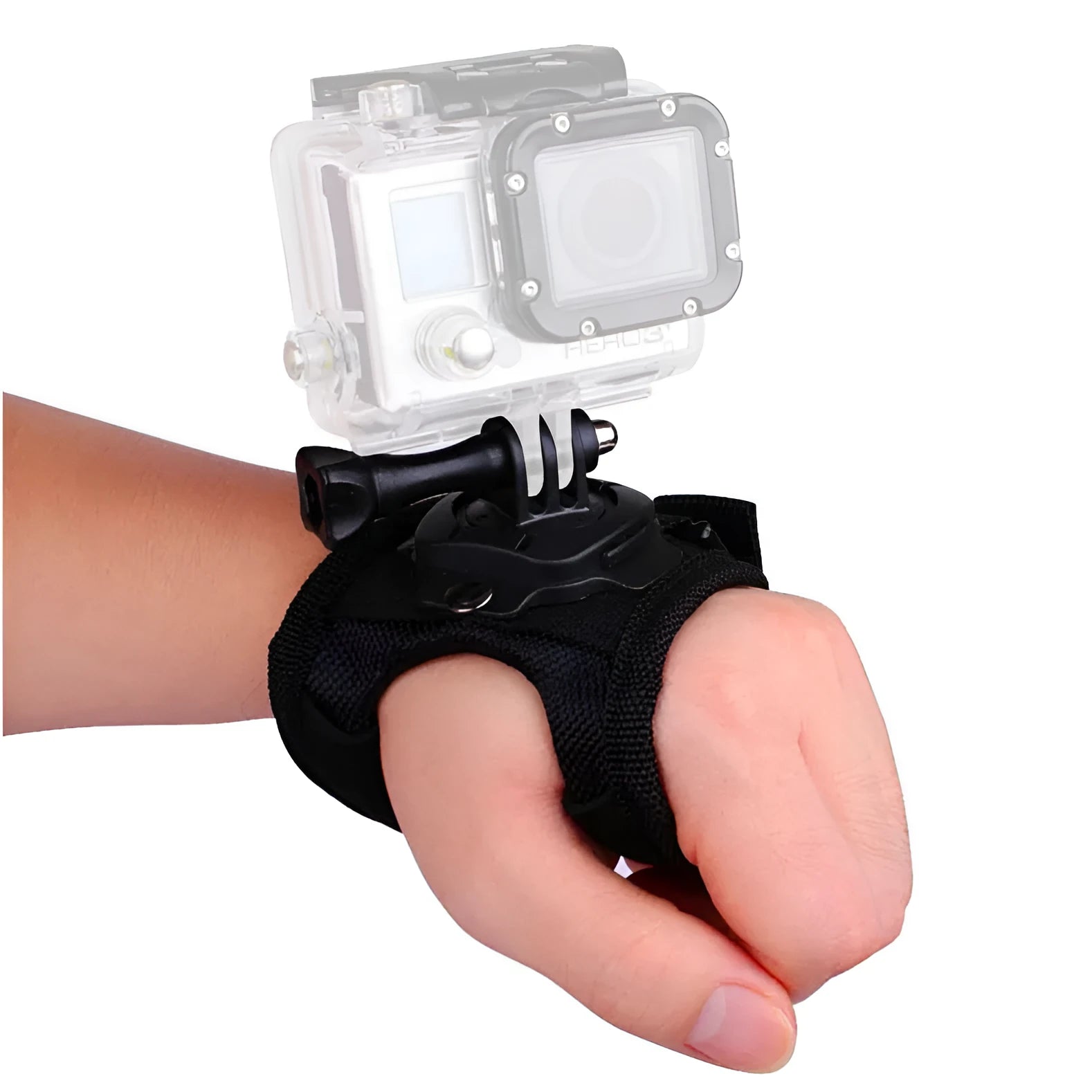 Black GoPro wrist strap with 360-degree rotating camera mount on a palm.