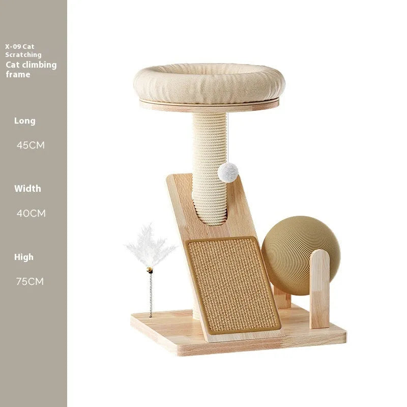 Beige jute cat climbing frame with sisal scratching posts and curved design elements
