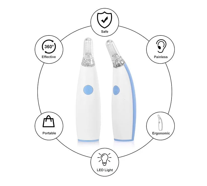 Rotating earwax vacuum cleaner with spiral silicone head, blue, with LED light and multiple attachments