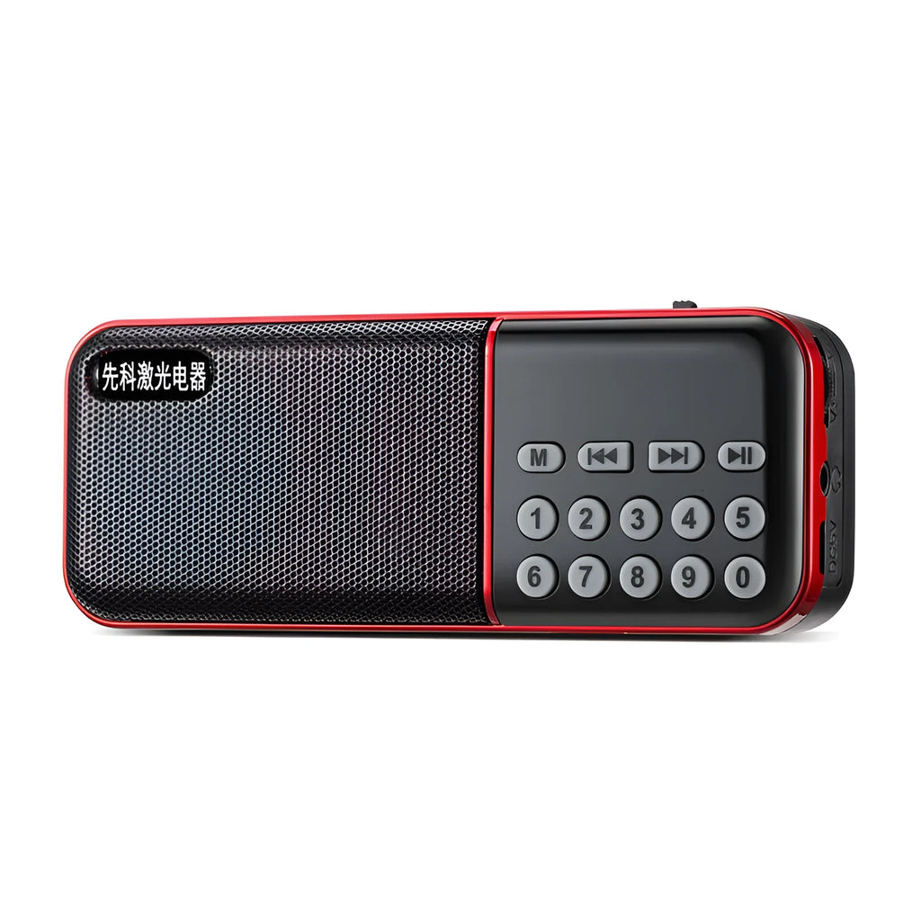 Black Walkman radio with AM FM dials and earphone jacks, plastic body, compact size 120x32x47mm