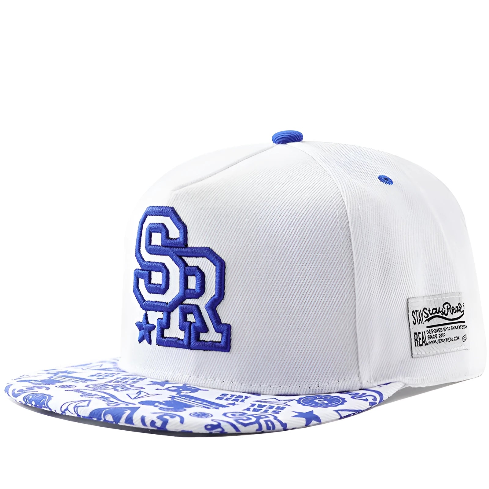 SR Black cotton baseball cap with front letter embroidery, showing adjustable snapback strap and dome crown.