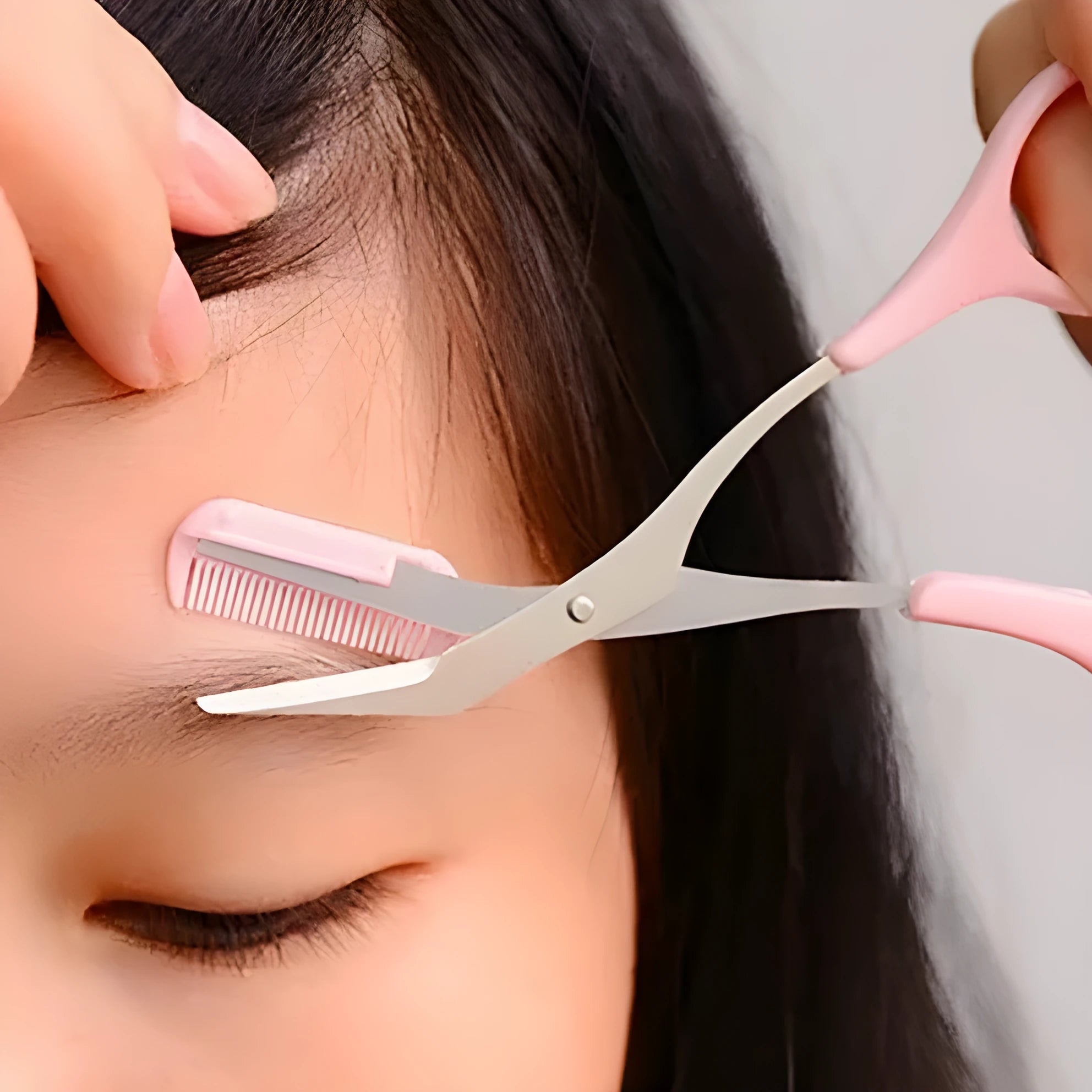 Pink eyebrow scissors and eyebrow comb set for brow shaping and grooming