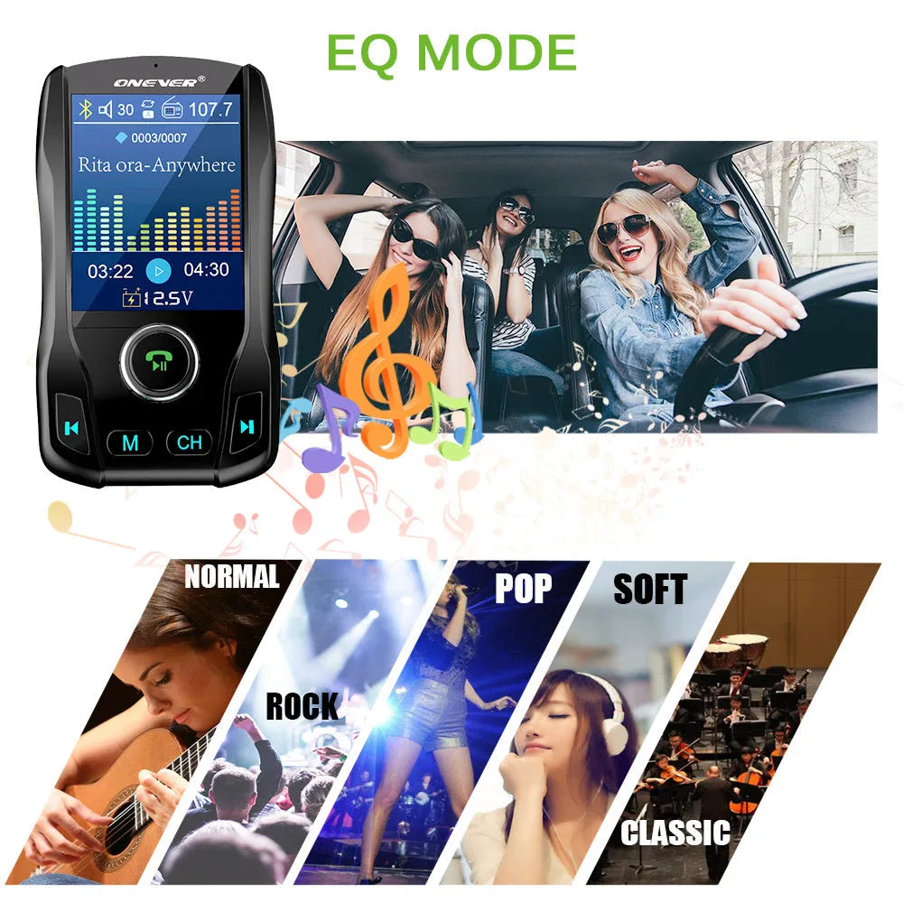 Black in-car Bluetooth FM transmitter with colour screen showing voltage, plugged into a car power socket.