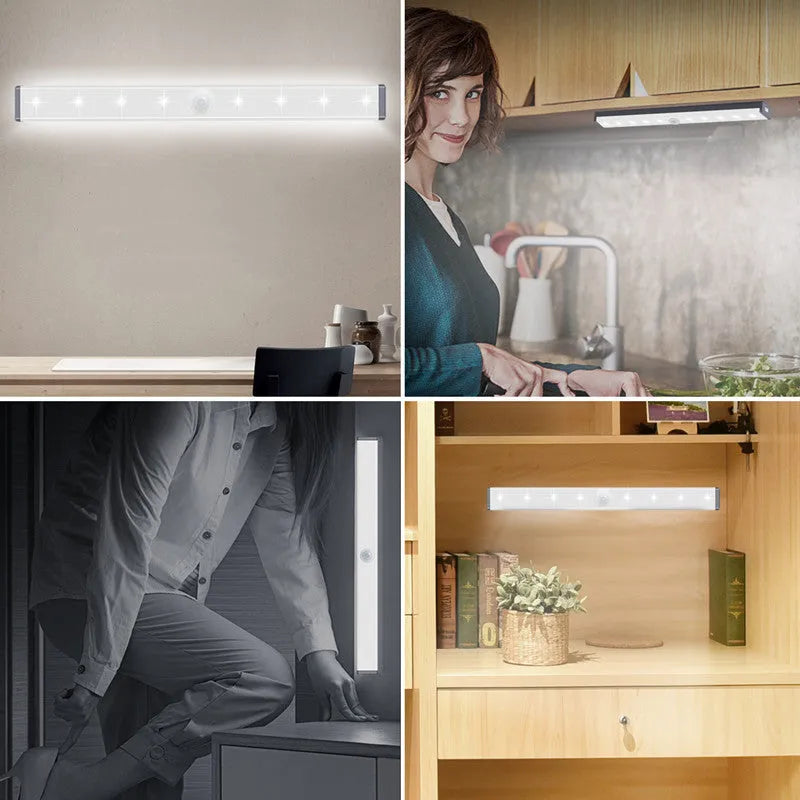USB rechargeable magnetic LED closet light with motion sensor on a metal surface.