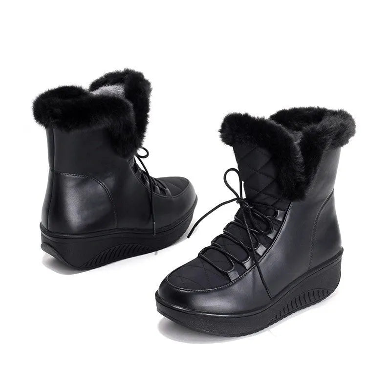 Black women's lace-up platform winter boots with water-resistant PU leather and plush lining.