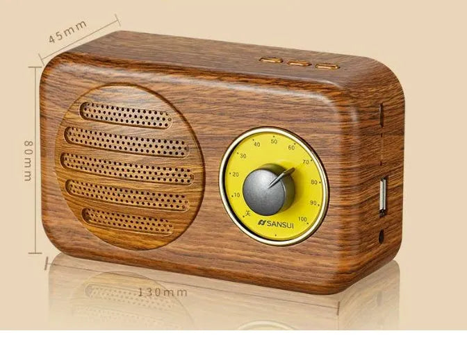 Portable Bluetooth speaker in wood grain finish with FM radio and micro USB cable