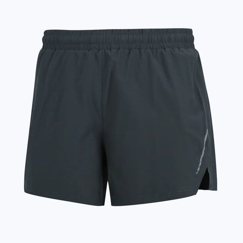 Grey straight-leg men's running shorts made from quick-drying polyester fabric on a mannequin.