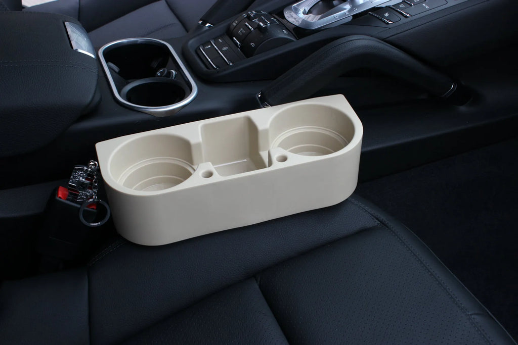 PP plastic car cup holder with two cup seats and sundries compartment in black, 21x28x10cm, for seat back mounting