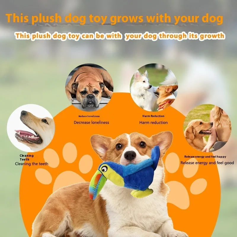 Blue plush big-mouthed bird dog toy for pulling and teasing play