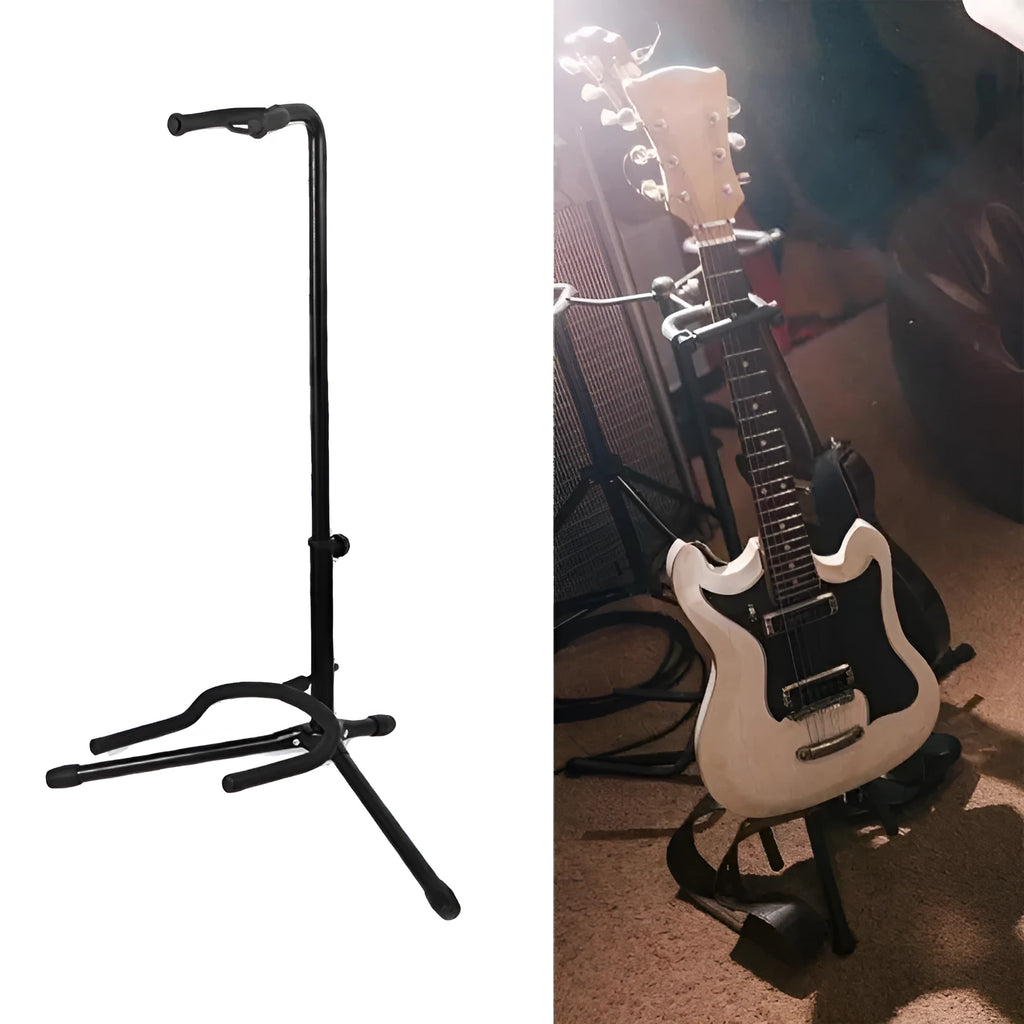 Black foldable metal guitar stand with soft rubber protective pads, holding a guitar.