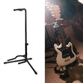 Black foldable metal guitar stand with soft rubber protective pads, holding a guitar.