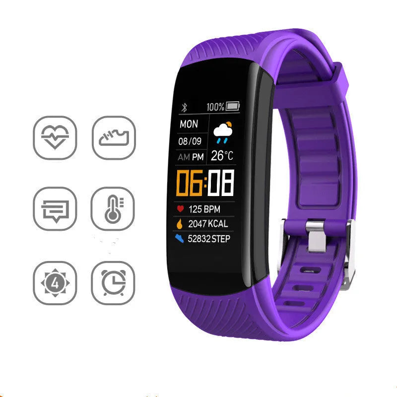 C5S model black waterproof smart fitness bracelet with 0.96-inch screen on a wrist.