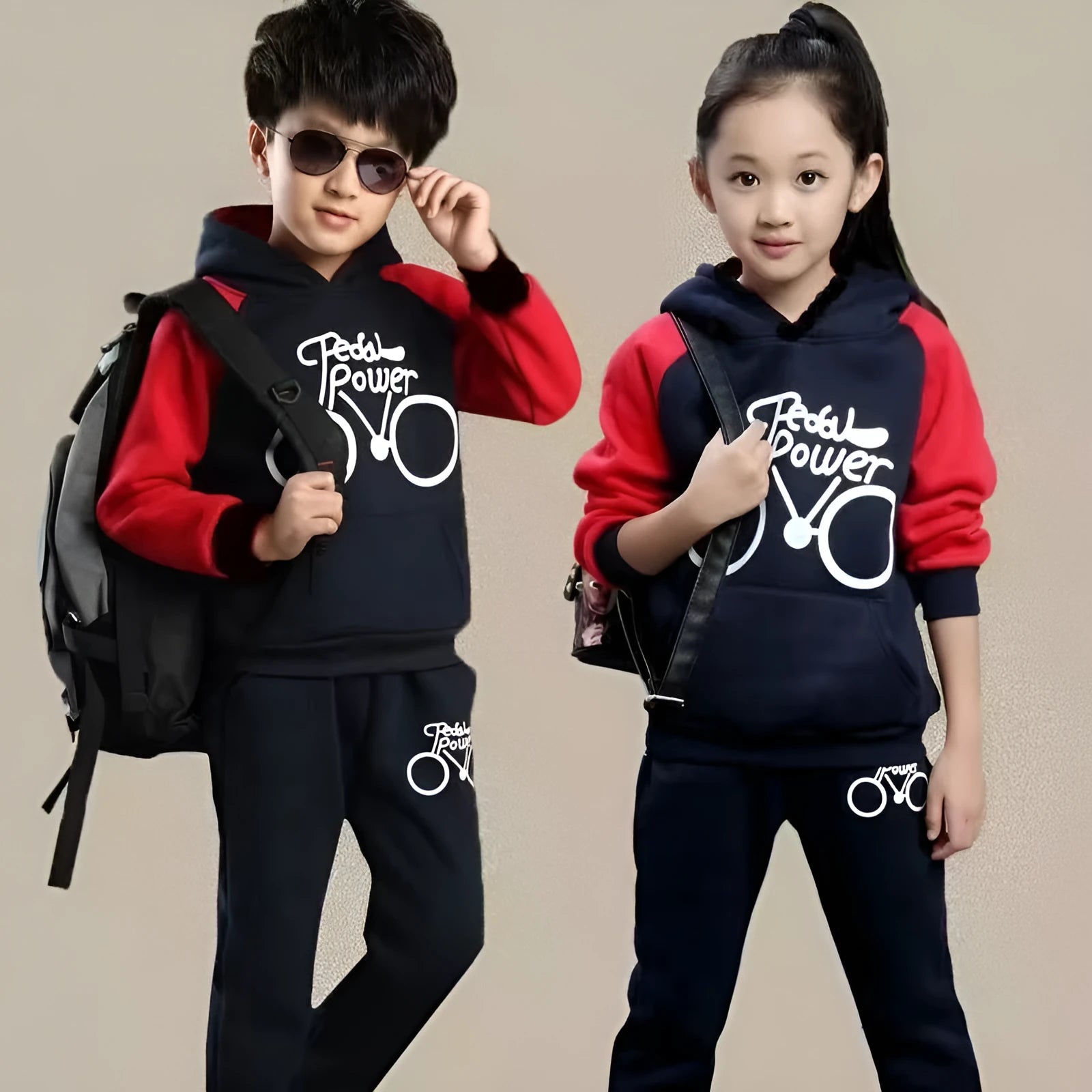 Children's Korean style two-piece sweater suit tracksuit with printed long sleeves in black, red, or red wine