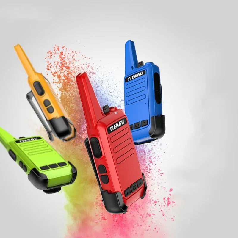 TIENGU black handheld two-way radio with antenna, LED flashlight, and back clip on a plain background