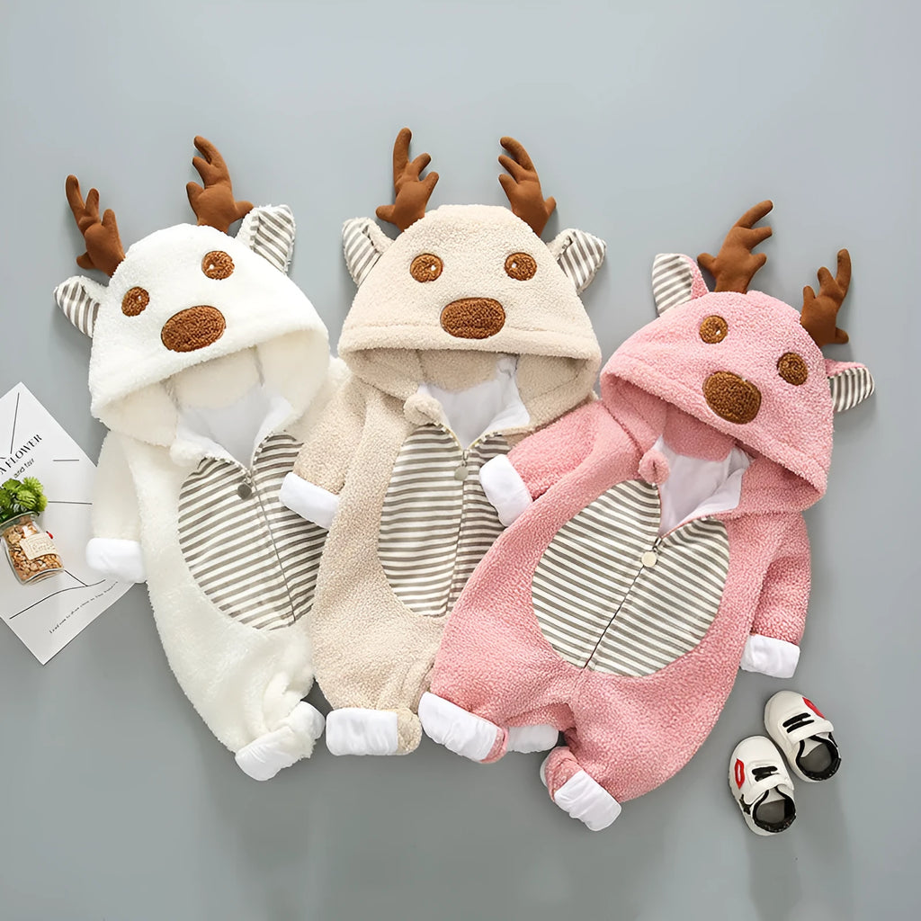 Long sleeve cotton baby romper with lace-up chest closure in khaki, pink or white.