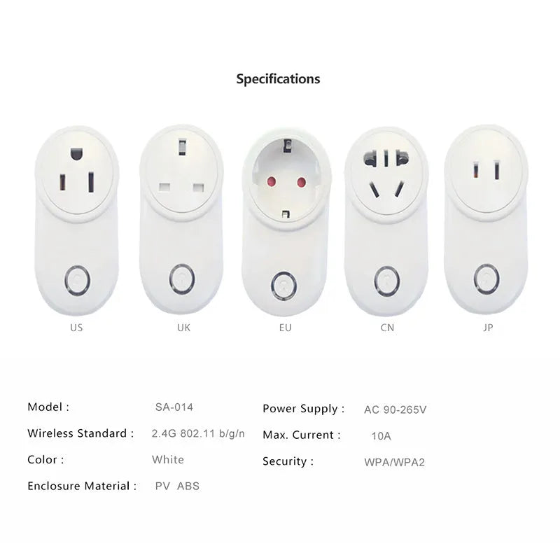 White Wi-Fi smart socket with UK 3-pin plug on a table next to a smartphone showing the ewelink app.