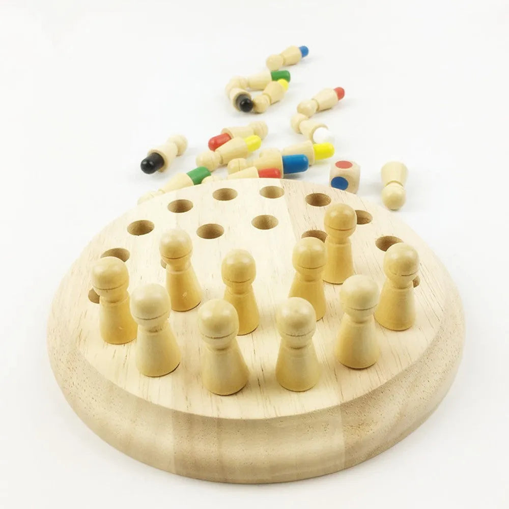 Montessori wooden memory match stick chess game with green varnish finish and checkerboard for colour recognition