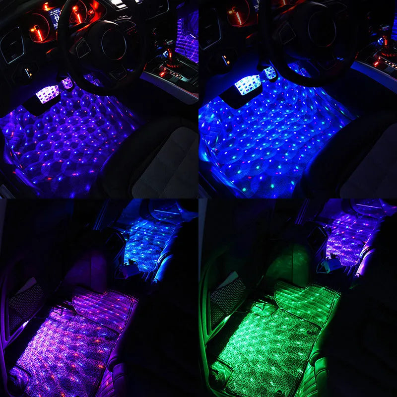Car LED foot sole atmosphere light in colourful loop mode showing red, green, blue, purple, white, ice blue, and yellow