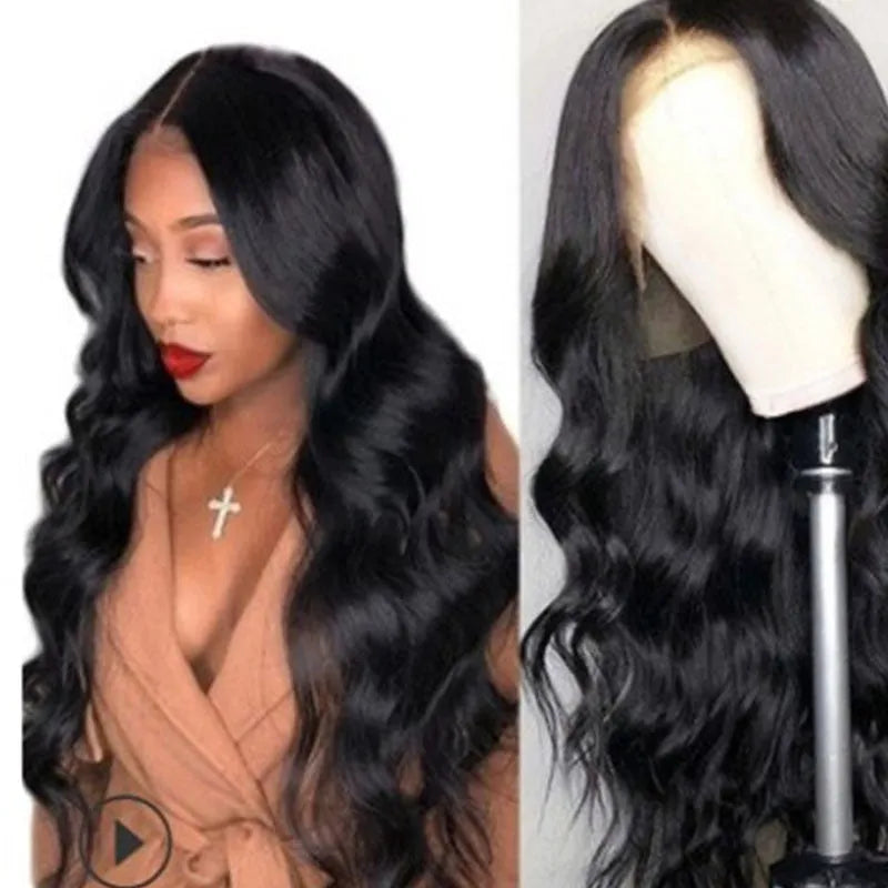 Medium split black big wave high temperature wire wig with long curly hair and long bangs for ladies