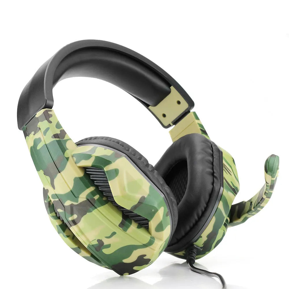 Army green camouflage wired over-ear gaming headset with microphone and black cable.
