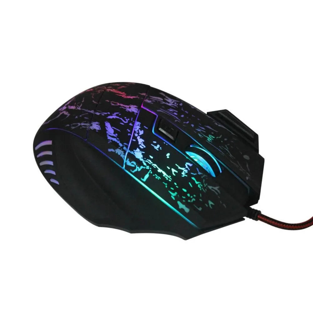 Wired computer gaming mouse with transparent black shell, luminous LED, seven buttons, four-way scroll wheel, USB cable, 127x85x37mm