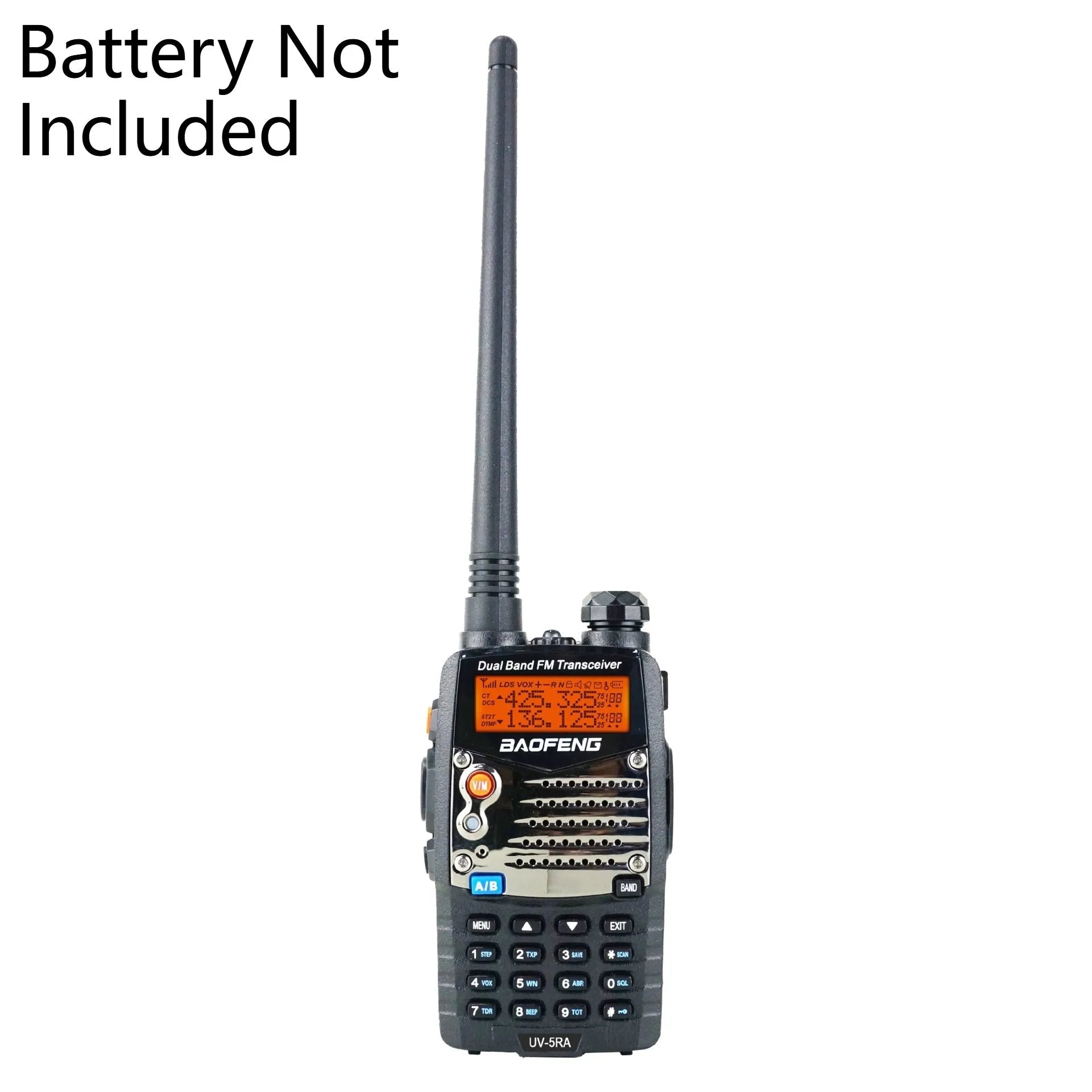 Baofeng UV-5RA dual-band two-way radio with dual display, shown without battery.