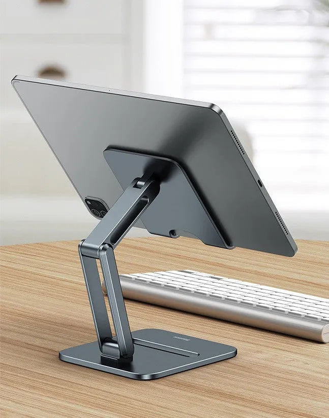 Deep space grey aluminium alloy folding stand for phones and tablets shown in two size options