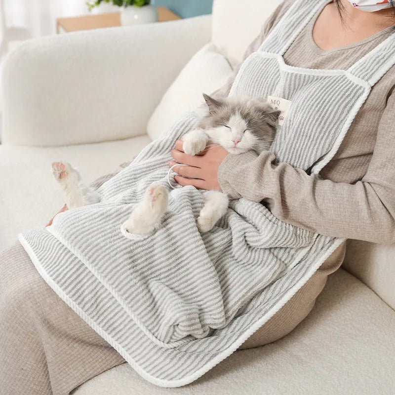 Cat petting apron in cloth material showing colour options including pink, light blue, light purple and striped patterns