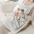 Cat petting apron in cloth material showing colour options including pink, light blue, light purple and striped patterns
