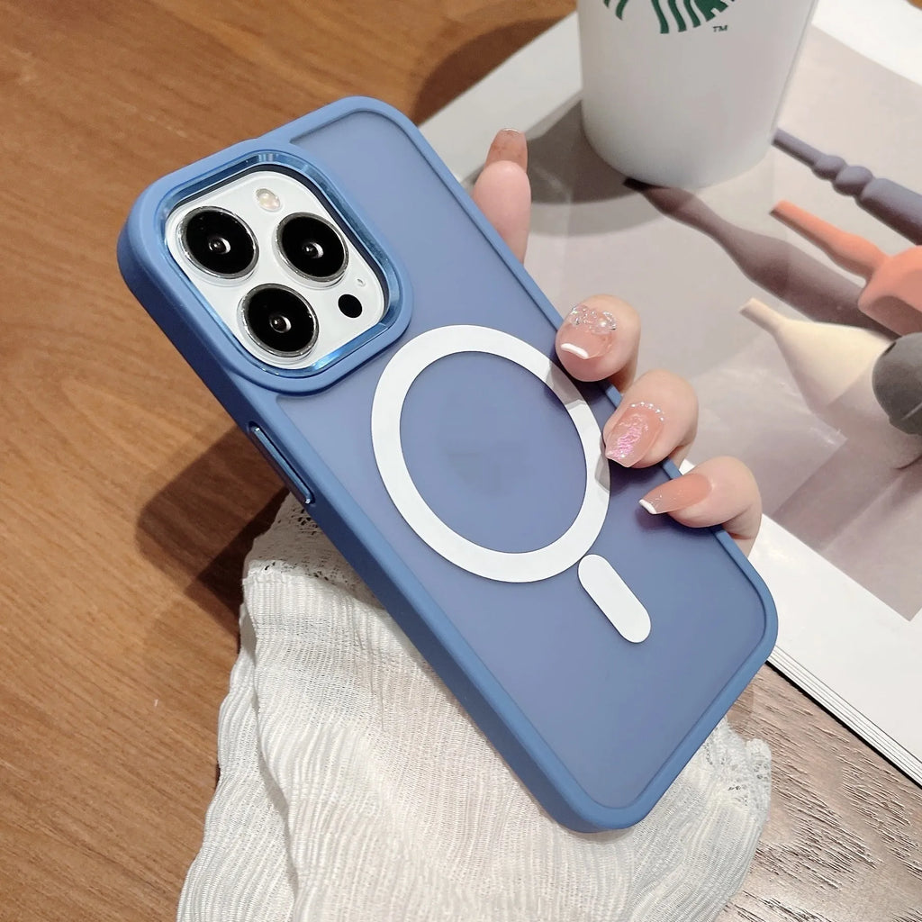 Magnetic matte frosted PC phone case for iPhone 15 Pro Max in black colour with back magnetic ring visible