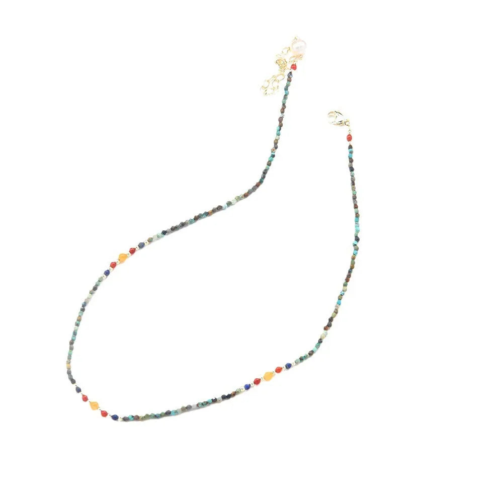 New cute broken silver necklace with natural pearl pendant and colourful beads on collarbone chain