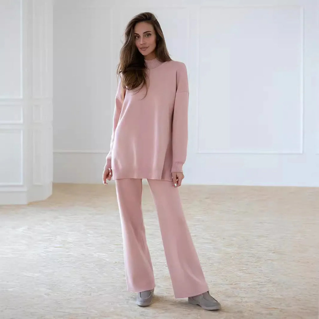 Women's knit sweater suit with turtleneck top and trousers in solid colour, available in green, pink, apricot, white, black
