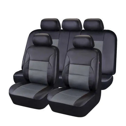 Black artificial leather car seat covers installed on front and rear seats with headrest covers.