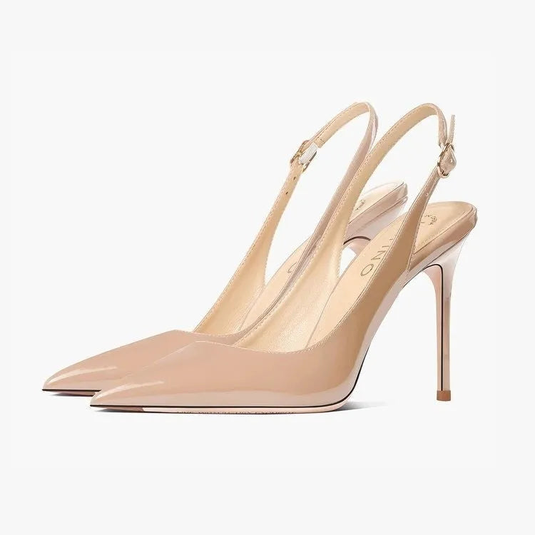 Nude women's high heels with hollow ankle-strap and button fastening.