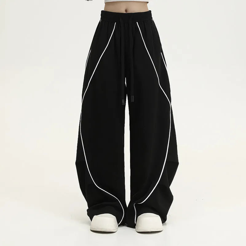 Black striped wide-leg hip hop trousers with elastic mid-waist
