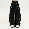 Black striped wide-leg hip hop trousers with elastic mid-waist