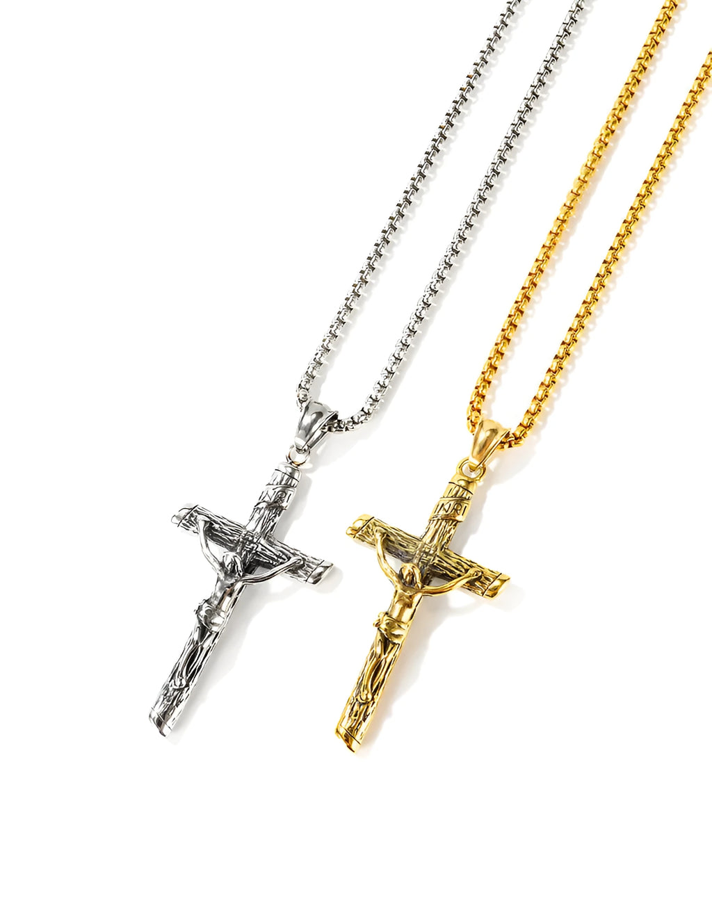 Christian cross pendant necklace on titanium steel pearl chain, bronze colour, unisex style