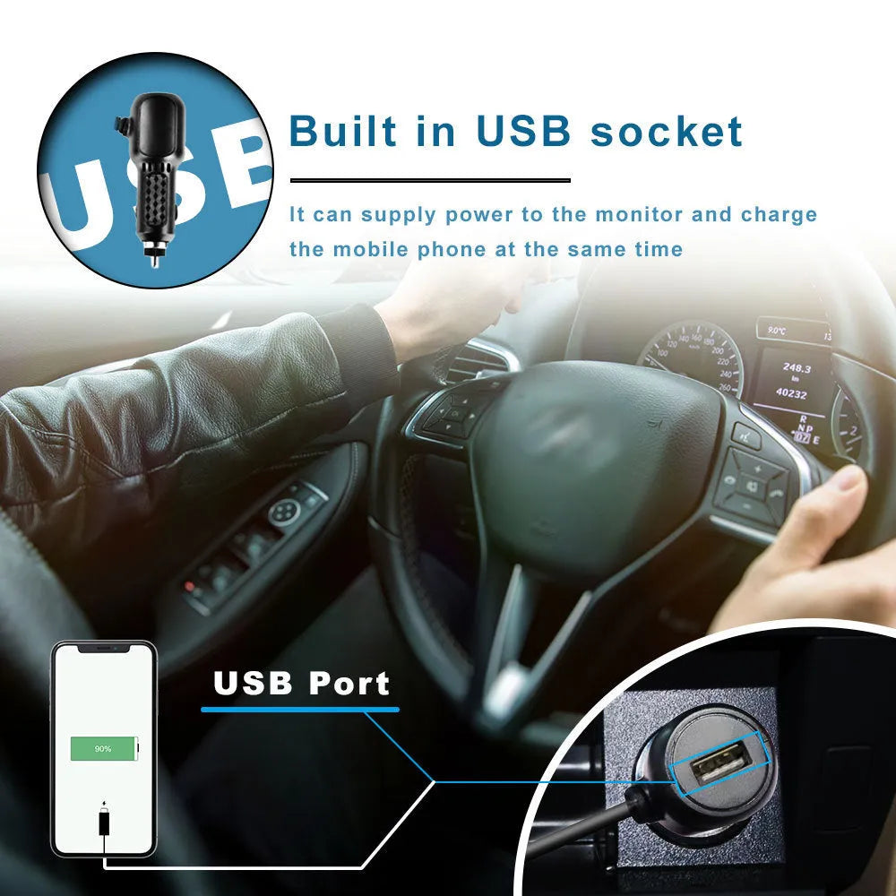 Black 4.3-inch car baby monitor with folding screen and rear view camera on a car dashboard