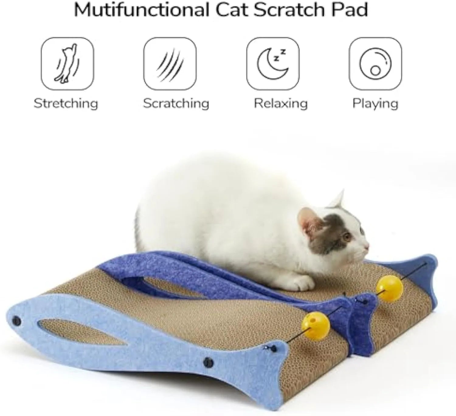 Blue fish-shaped cardboard cat scratcher with attached bell toys on an elastic cord.