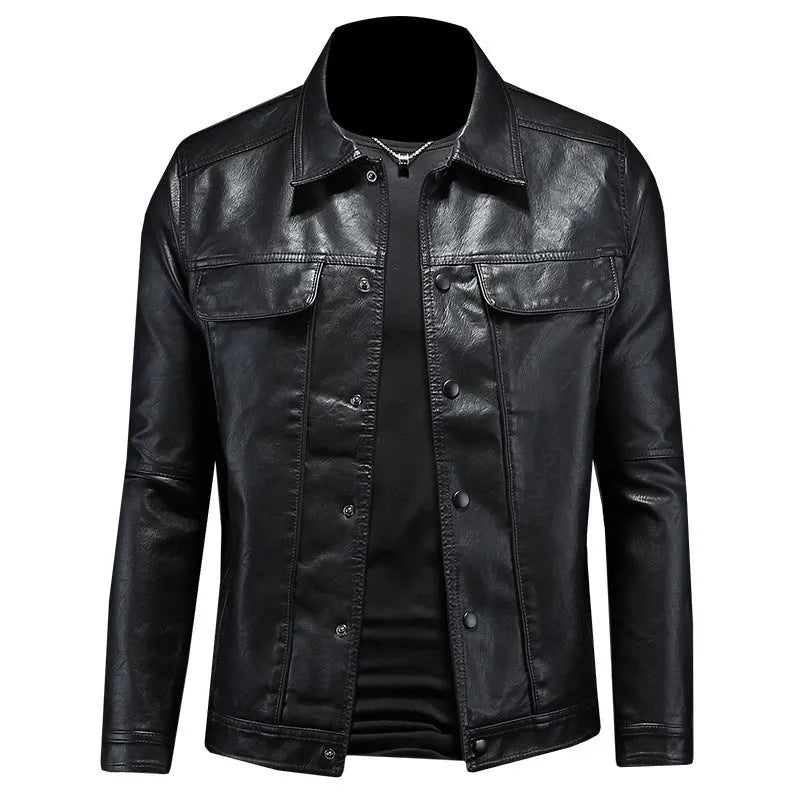 Men's loose fit synthetic leather motorcycle jacket with lapel collar in black
